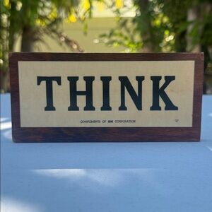 Vtg 1960's Wood Wooden Double Sided Think Desk Plaque Slogan Compliments of IBM